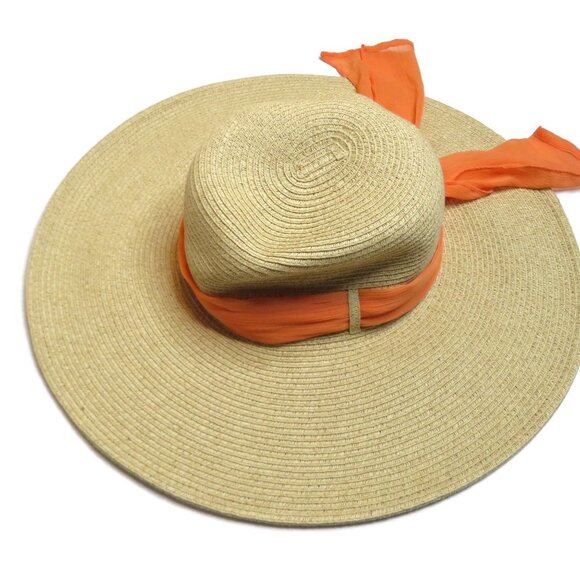 Raffia Sun Hat Paper Vacation Beach Wide Brim Peach Ribbon Travel Holiday Summer - Picture 3 of 6